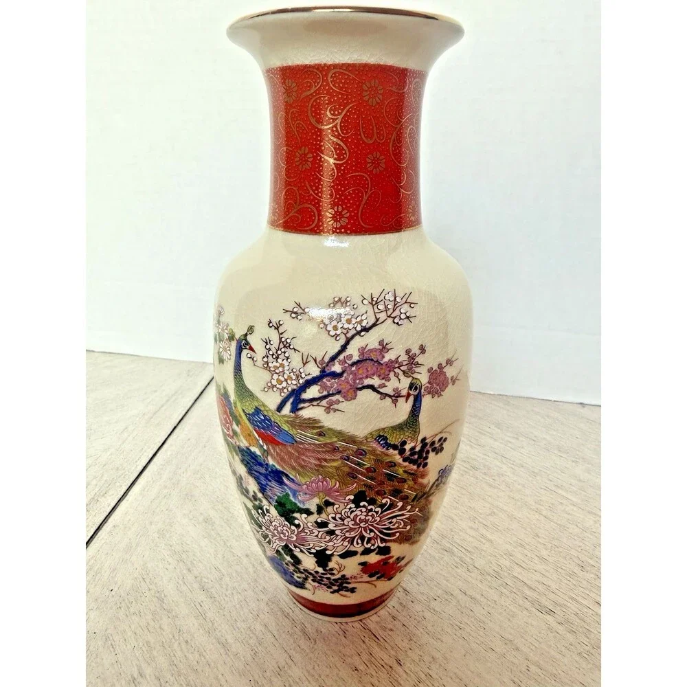 Japanese 10” Satsuma Porcelain Vase Hand Painted Peacock & Floral, Gold Trim Vtg